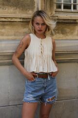 Pileli Bağlamlı Bluz - Natür