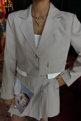 Crop Ceketli Ve Pile Etekli Garnili Takım 10111