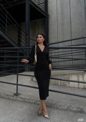 Kadın Uzun Kollu Kruvaze Yaka Büzgü Ve Balon Kol Detay Krep Kumaş Maxi Boy Elbise