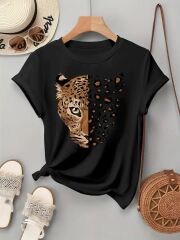 Kadın Kısa Kollu Bisiklet Yaka Desenli Viskon Bluz