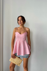 ÇİZGİLİ GOFRE ASKILI PENS DETAYLI BLUZ - Pembe