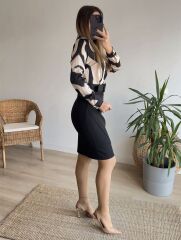 Kadın Uzun Kollu Yakalı üst Dalgıç Eteği Krep Kemerli Elbise