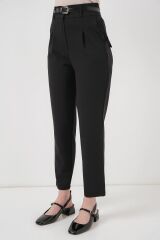 Pileli Kemerli Kumaş Pantolon 6725 - Siyah