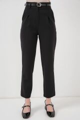 Pileli Kemerli Kumaş Pantolon 6725 - Siyah