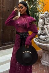 Saten Kuşaklı Ajurlu Triko Elbise 2847