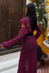 Saten Kuşaklı Ajurlu Triko Elbise 2847