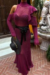 Saten Kuşaklı Ajurlu Triko Elbise 2847