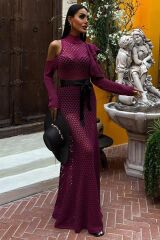 Saten Kuşaklı Ajurlu Triko Elbise 2847