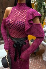 Saten Kuşaklı Ajurlu Triko Elbise 2847