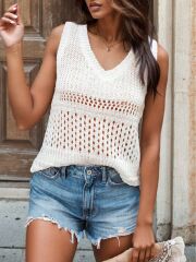 Kadın Kolsuz V Yaka Delikli örme Detay Triko Bluz