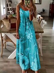 Kadın Askılı Yuvarlak Yaka Etek Geniş Kesim Desenli Süprem Elbise