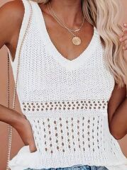 Kadın Kolsuz V Yaka Delikli örme Detay Triko Bluz