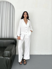 Yakalı Düğmeli Uzun Kollu Gömlek Pantolon Ikili Takım - Beyaz