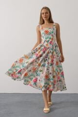 Çiçek Desenli Askılı Elbise - Pembe Çiçek