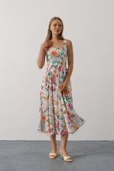 Çiçek Desenli Askılı Elbise - Pembe Çiçek