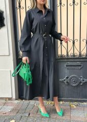 Kadın Uzun Kollu Yakalı önden Düğmeli Beli Metal Kemerli Dokuma Maksi Elbise