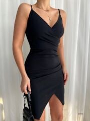 Kadın İp Askılı Yırtmaçlı Büzgülü Elbise