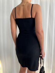 Kadın İp Askılı Yırtmaçlı Büzgülü Elbise