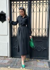 Kadın Uzun Kollu Yakalı önden Düğmeli Beli Metal Kemerli Dokuma Maksi Elbise