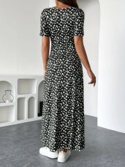 Kadın Kısa Kollu Kruvaze Yakalı çiçek Desenli Süprem Elbise