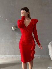 Kadın Kruvaze Yaka Volan Detay Midi Boy Fırsat ürün Elbise