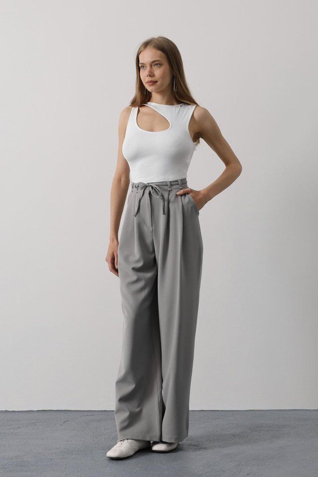 Pileli Bağcıklı Oversize Pantolon - Gri