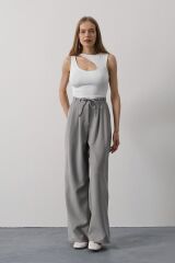 Pileli Bağcıklı Oversize Pantolon - Gri