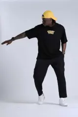 Unisex Bisiklet Yaka Baskılı Oversize T-Shirt - Siyah