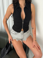 Yakalı Tam Fermuarlı Kolsuz Bluz - Siyah