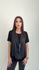 Kadın Kısa Kollu Yuvarlak Yaka Viskon Bluz + Kolsuz Fermuarlı çatlak Deri Yelek