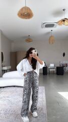 Kadın Saten Kumaş Leopar Desenli Pantolon