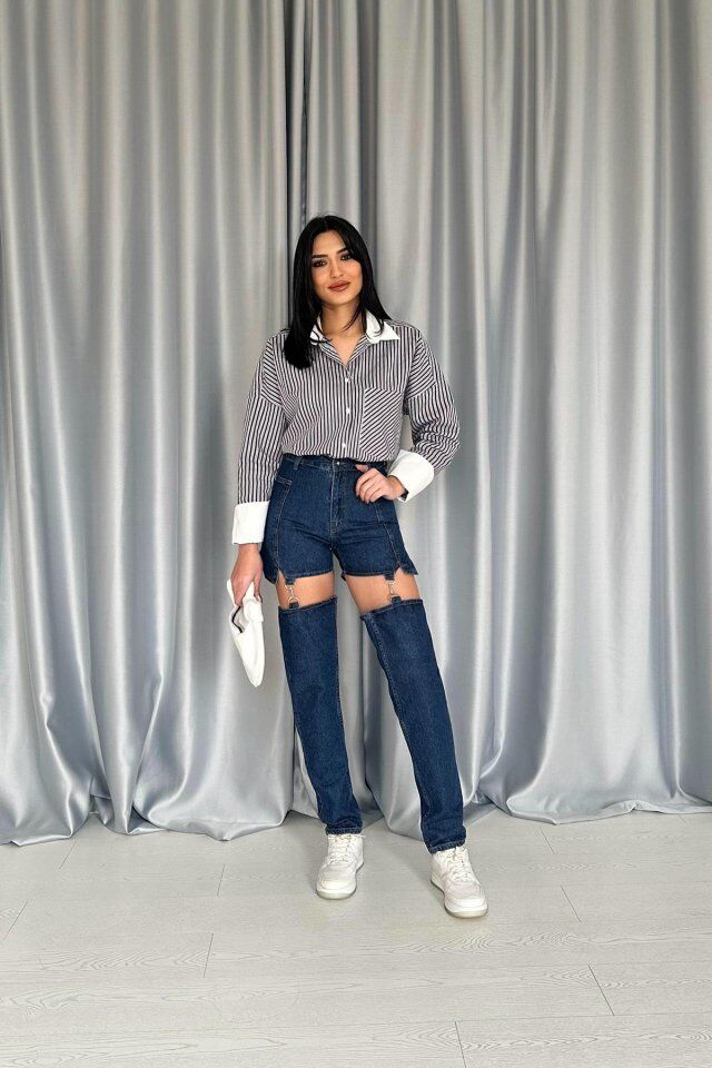 Mavi Askılı İki Parça Jeans Pantolon