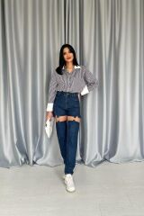 Mavi Askılı İki Parça Jeans Pantolon