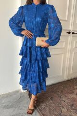 Saks Valonlu Şeritli Kat Kat Elbise