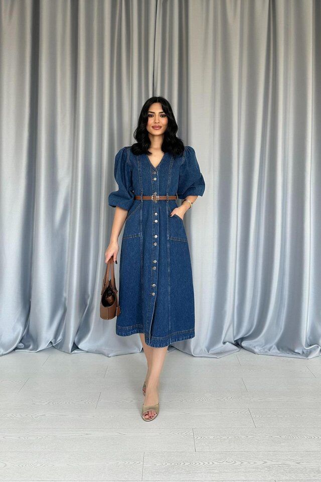 Mavi Balon Kol Kot Elbise