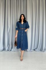 Mavi Balon Kol Kot Elbise