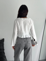 Keten Uzun Kol Bağacık Detaylı Bluz - Beyaz