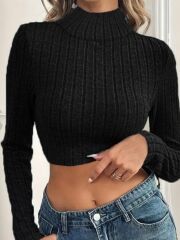 Kadın Uzun Kollu Balıkçı Yaka şardonlu Kaşkorse Krop Bluz