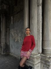 Kadın Uzun Kollu Bisiklet Yaka Kol Ağzı Ve Etek Ucu Baskılı Iki Iplik Elbise