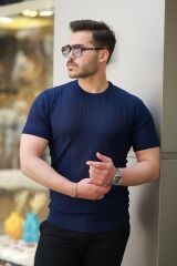 Erkek Kısa Kollu Bisiklet Yaka çizgili Triko Tişört