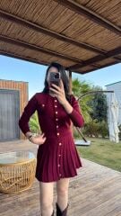 Kadın Uzun Kollu Gold Düğme Detay Yelek Ve Pileli Mini Etek Ikili Takım