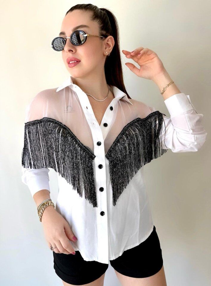 Kadın Püskül Detay Poplin Gömlek Bluz Fırsat Ürün