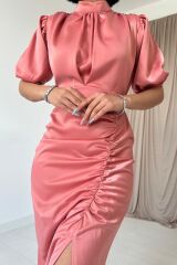 Pudra Büzgülü Saten Elbise