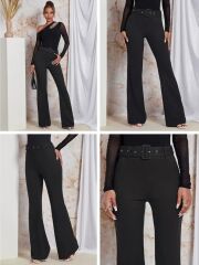 Kadın Yüksek Bel Kemerli Paçaya Doğru Genişleyen Ithal Krep Pantolon