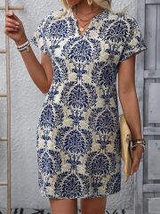 Kadın Kısa Kollu çentik Yaka çiçek Desenli Keten Elbise