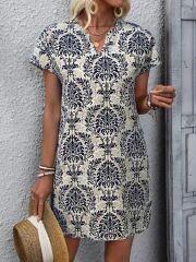 Kadın Kısa Kollu çentik Yaka çiçek Desenli Keten Elbise