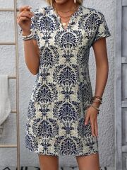 Kadın Kısa Kollu çentik Yaka çiçek Desenli Keten Elbise