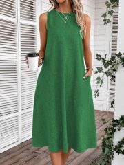 Kadın Kolsuz Bisiklet Yaka Cepli Midi Keten Elbise