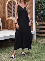 Kadın Ip Askılı Derin Geniş V Yakalı Uzun Viskon Elbise