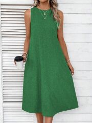 Kadın Kolsuz Bisiklet Yaka Cepli Midi Keten Elbise